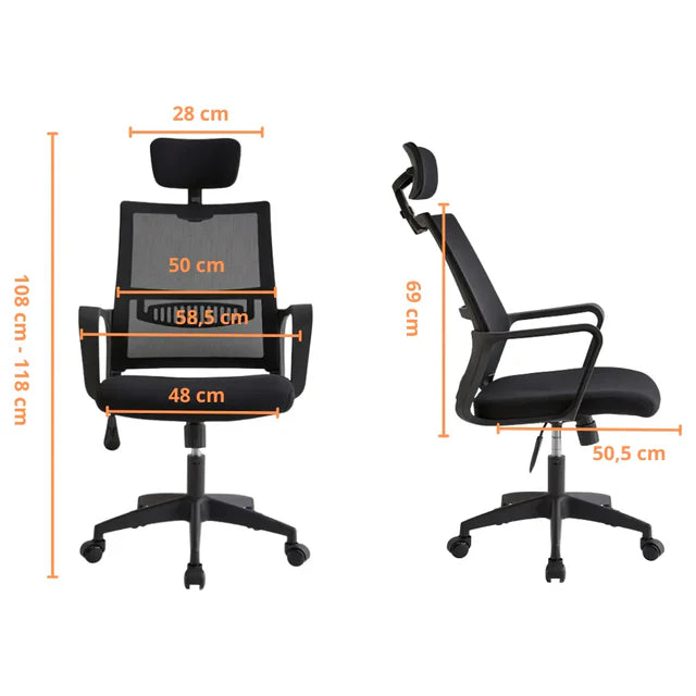 Silla ergonomica con poya cabeza y apoya brazos fijos